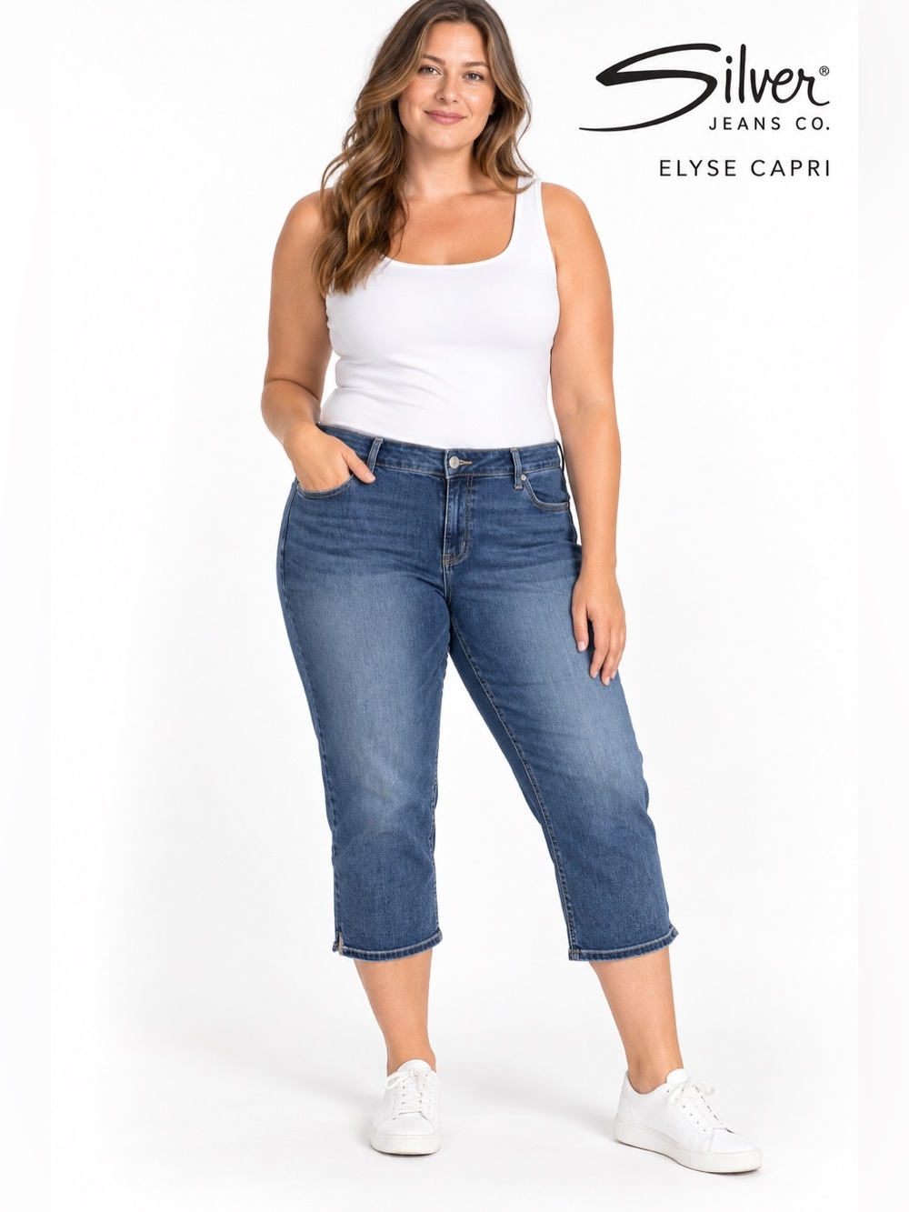 Silver Jeans Elyse Capri Womens 22 Plus Mid Rise Stretch Denim Blue Cropped